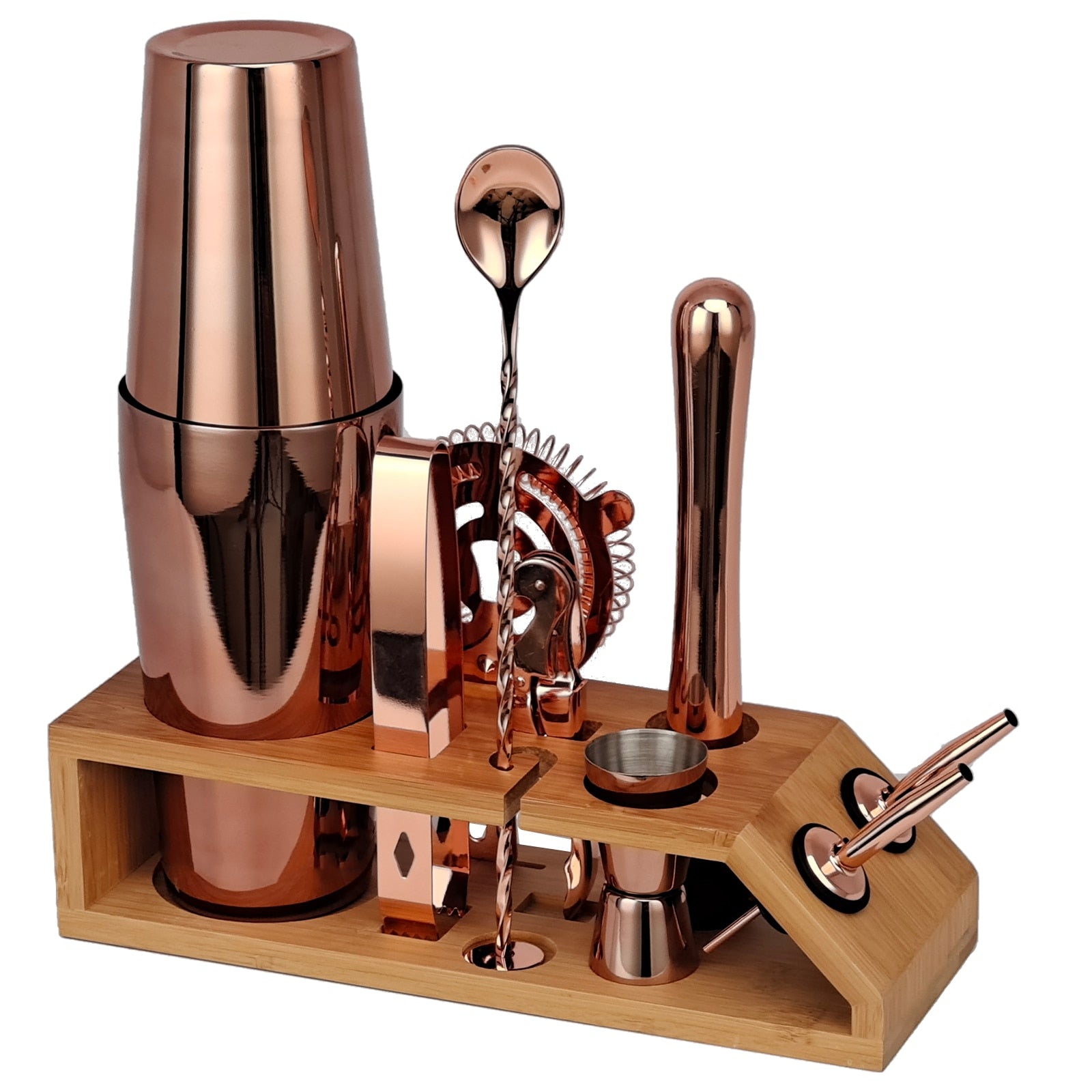 Bartender Kit,10-Piece Rose Gold Cocktail Shaker Set With Trapezoidal Bamboo Stand,For Mixed Drinks Martini Home Bar Tools