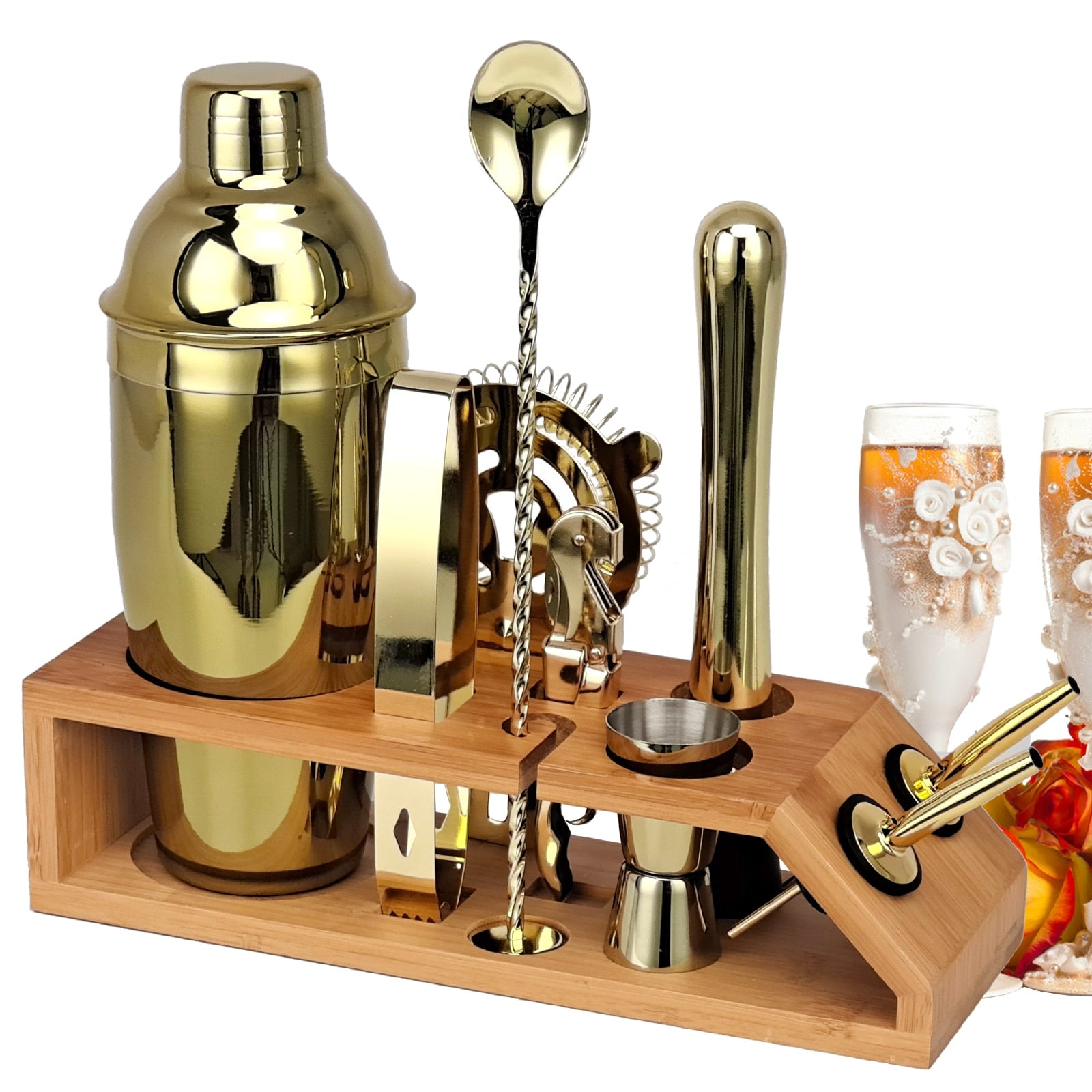 Bartender Kit,10-Piece Rose Gold Cocktail Shaker Set With Trapezoidal Bamboo Stand,For Mixed Drinks Martini Home Bar Tools