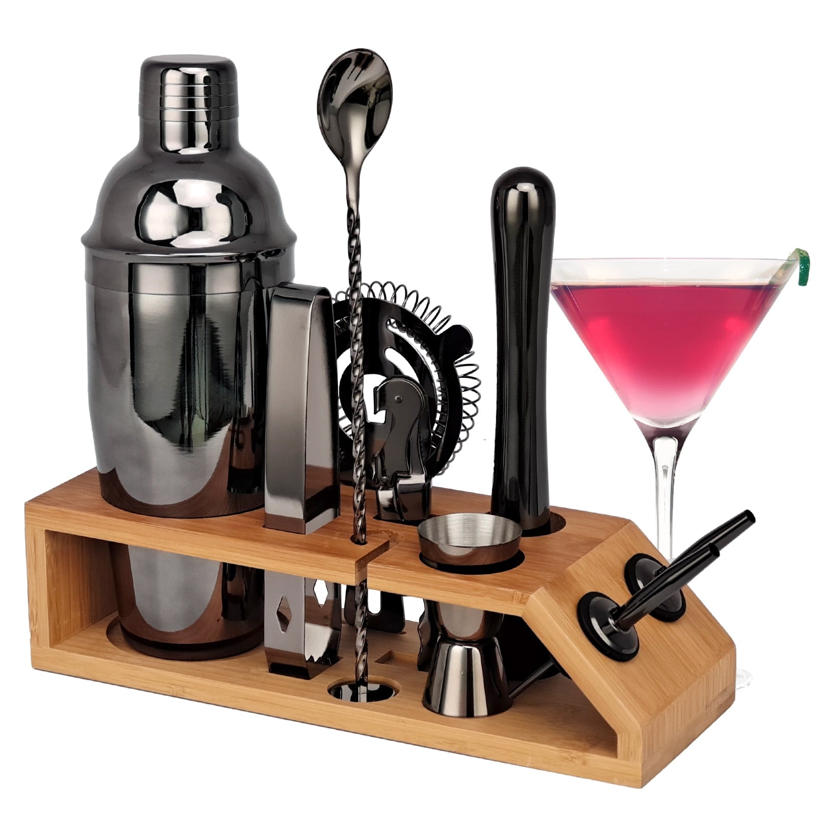 Bartender Kit,10-Piece Rose Gold Cocktail Shaker Set With Trapezoidal Bamboo Stand,For Mixed Drinks Martini Home Bar Tools