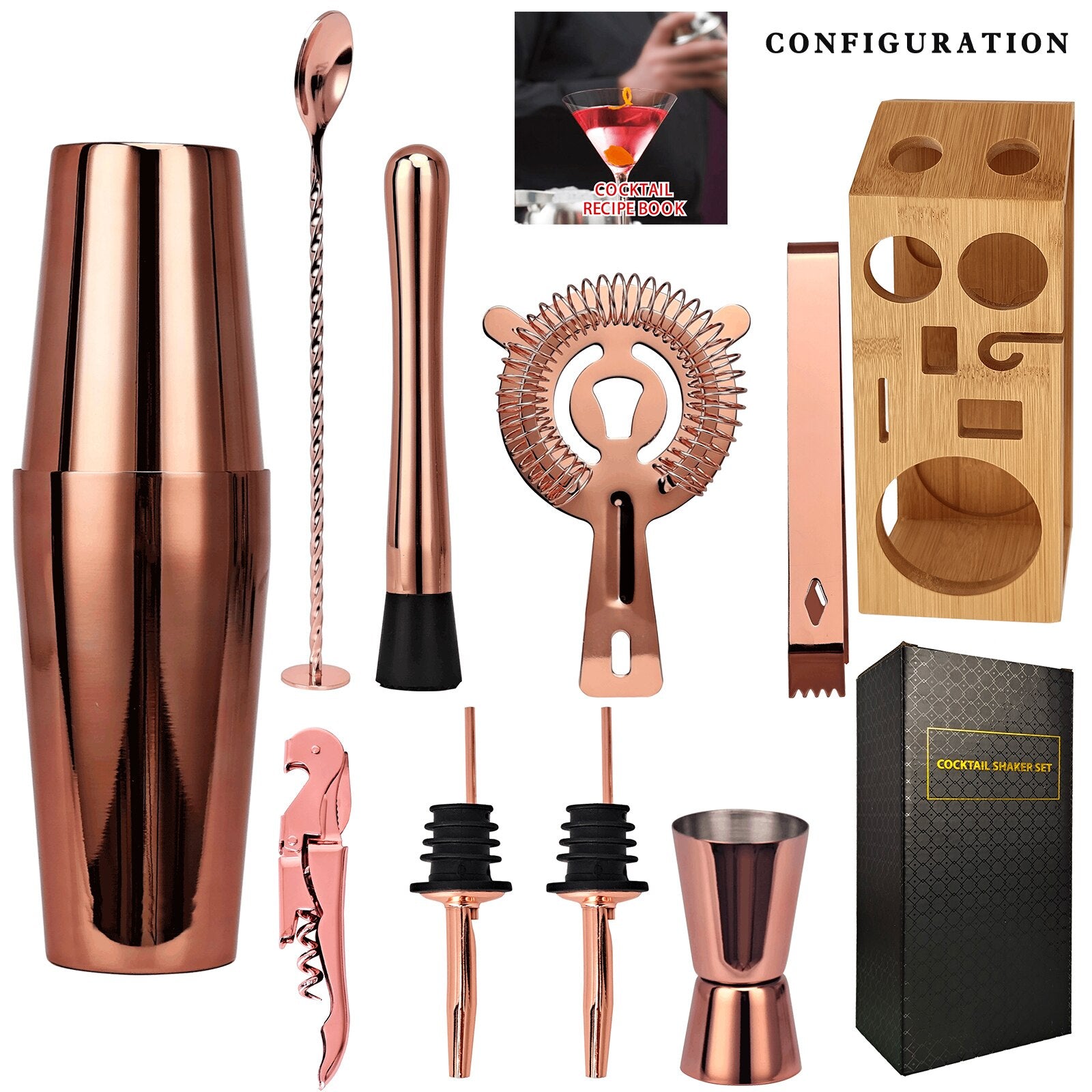 Bartender Kit,10-Piece Rose Gold Cocktail Shaker Set With Trapezoidal Bamboo Stand,For Mixed Drinks Martini Home Bar Tools