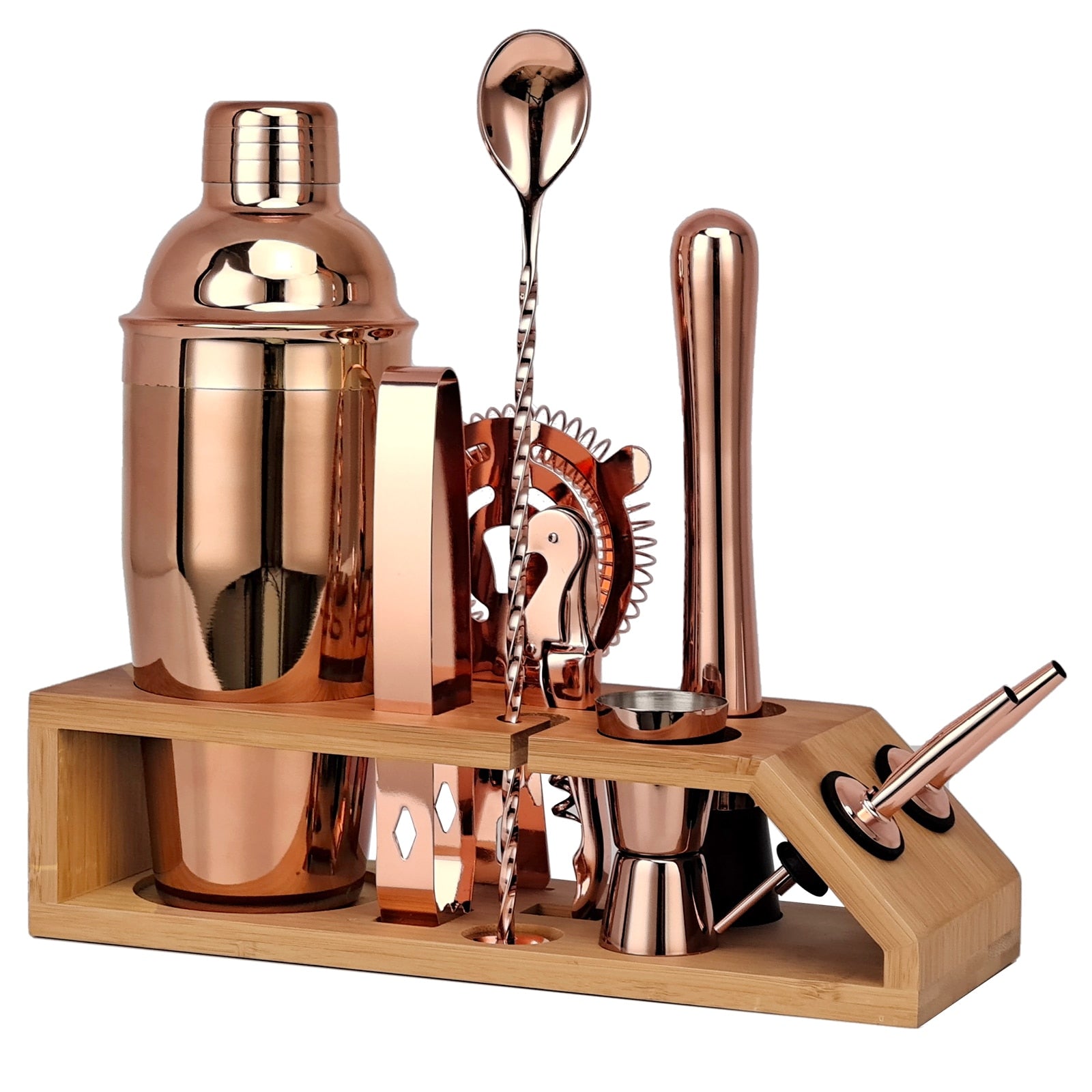 Bartender Kit,10-Piece Rose Gold Cocktail Shaker Set With Trapezoidal Bamboo Stand,For Mixed Drinks Martini Home Bar Tools