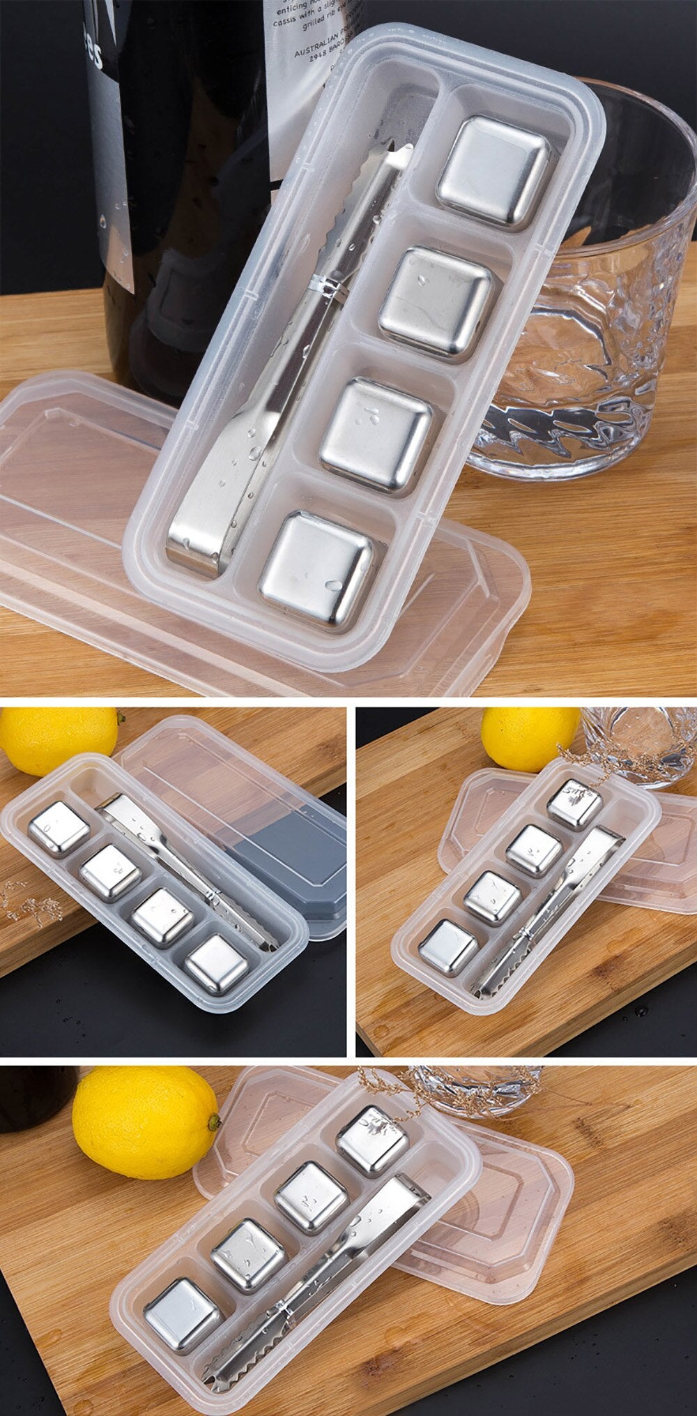 4Pcs/Set Reusable Stainless Steel Ice Cubes Cool Glacier Rock Neat Drink Freezer gel Wine Whiskey Stones Great Gift