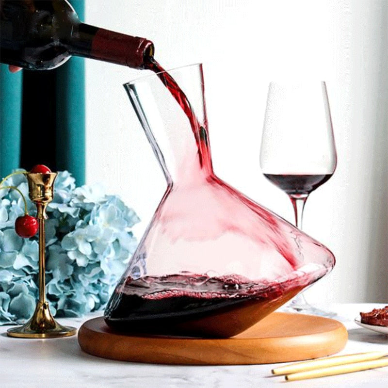 2000ML Creative Tumbler Wine Decanter with Wood Tray Hand Blown Crystal Wine Carafe Champagne Glass Whiskey Wine Aerator