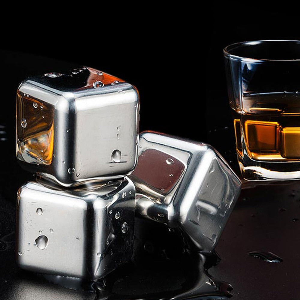 4Pcs/Set Reusable Stainless Steel Ice Cubes Cool Glacier Rock Neat Drink Freezer gel Wine Whiskey Stones Great Gift